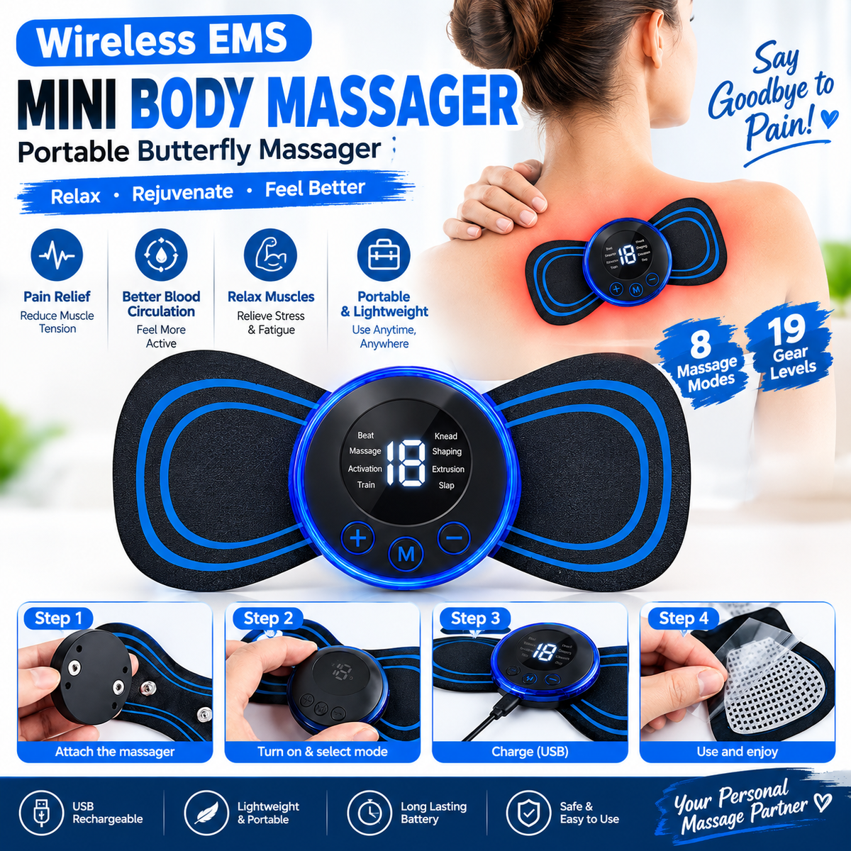 Wireless EMS Body Massager – Portable Butterfly Massager