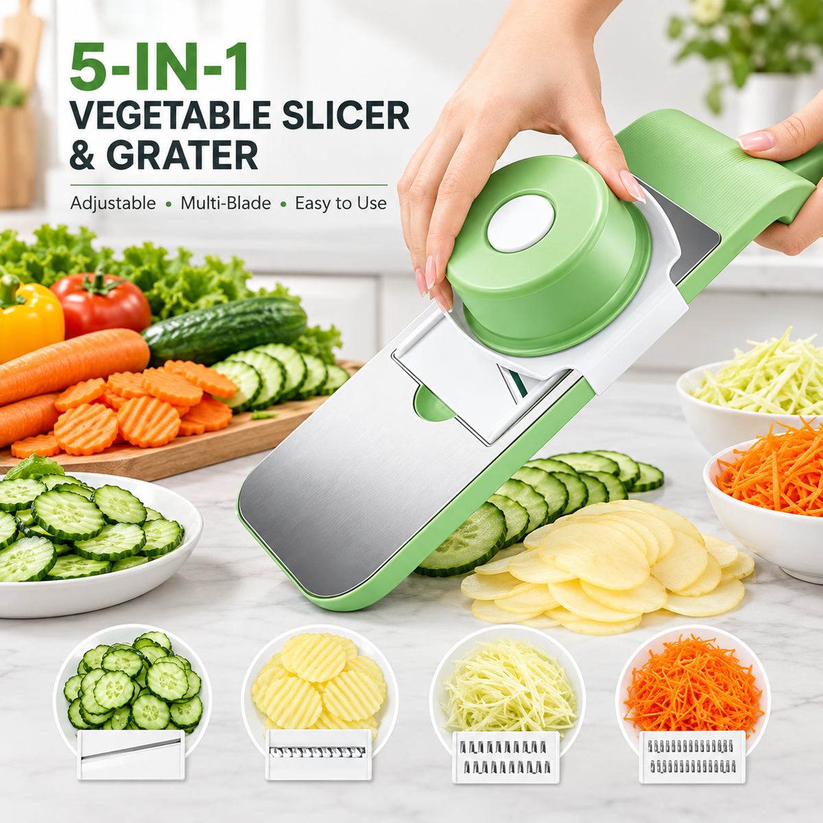 5-in-1 Vegetable Slicer & Grater – Adjustable Mandoline Cutter with Interchangeable Blades