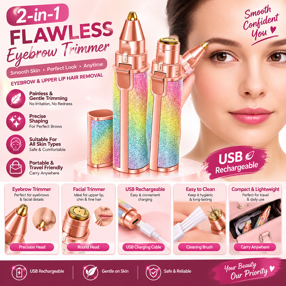 2-in-1 Flawless Eyebrow Trimmer – USB Rechargeable Facial Hair Remover
