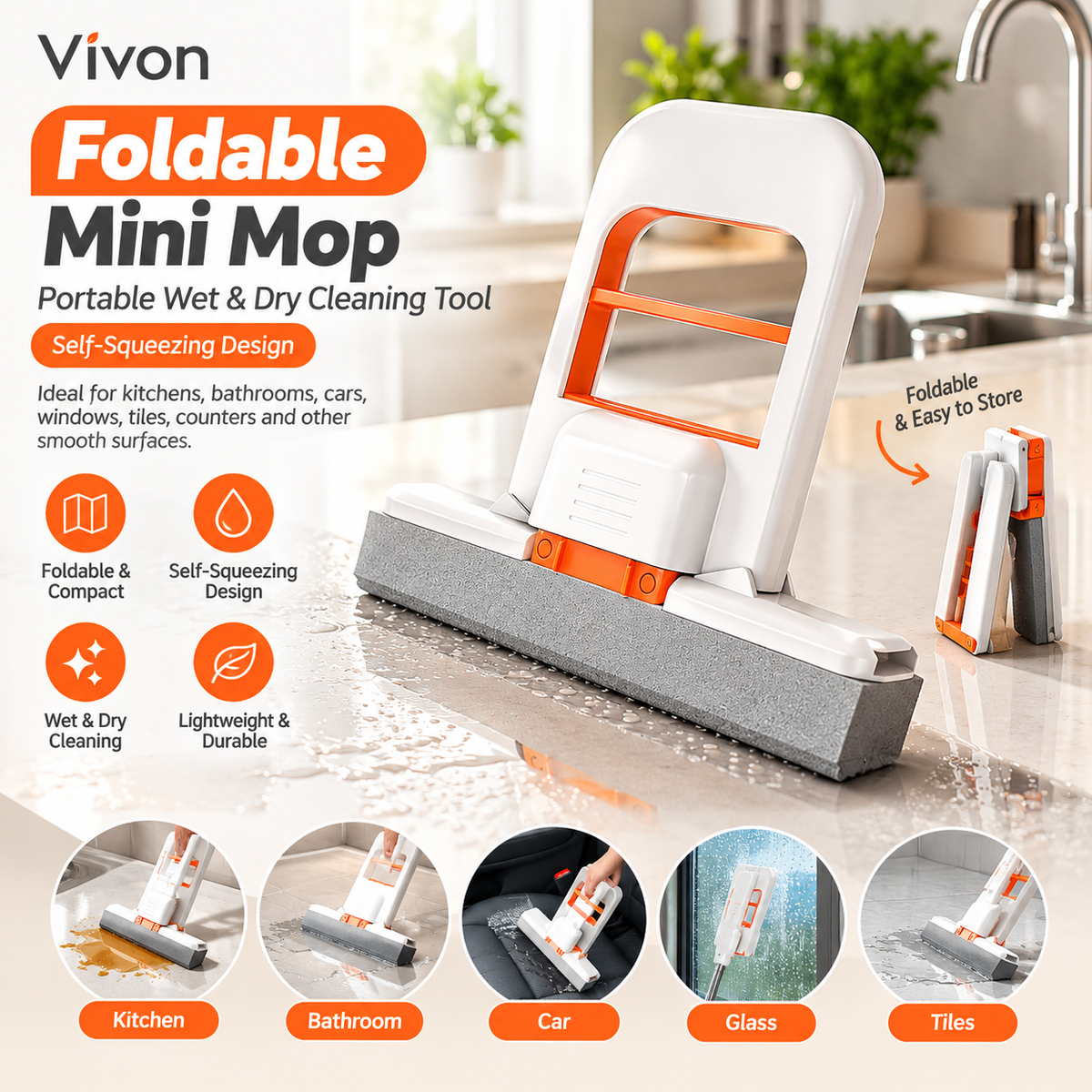 **Foldable Mini Mop – Portable Wet & Dry Self-Squeezing Cleaner**